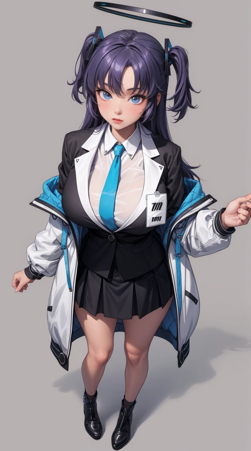girl, solo, full body, from head to toe, standing, (Huge_Breasts:1.3), short skirt,
Character Design Sheet, character reference sheet, character turn around,
aayuuka, halo, blue eyes, purple hair, long hair, two side up, bangs,(white jacket:1.2), blue necktie, black jacket, collared shirt, id card, black gloves, belt, black skirt, black socks, shoes, black footwear,