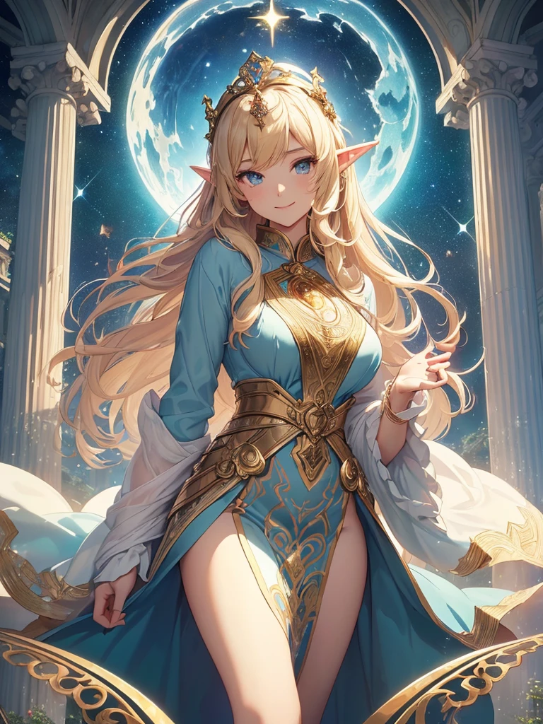 highest quality、Highest image quality、masterpiece、Super beautiful elf beauty with a beautiful back view((22 years old OL big bust、bust 90,beautiful long ironed hair、blonde、globe、、slender、Close-up、Esbian、beautiful tiara、High quality、beautiful art、background((starry ski)))muste piece、visual art、Depth of bounds written、low angle of morning sky、、elf ears、、magic of light、space knight、harp melody🎵、A happy smile、gentle light、、Beautiful legs that are gentle on the skin、、、Number of fingers to achieve precise finger movements、back view ticker beautiful decorative、elegant、mystical rosa、 heaven、marble columns, beautiful dressy、beautiful dress、magnificent marble dome、giant galaxy、religious painting、temple of time、great watch、hourglass、sundial、moment of creation!myth、alphonse mucha art、art nouveau、ancient greece、Rome、byzantine art、gold foil、Raphael's paintings、renaissance art、Lord of the Ring、sexy、friendly smile、fairy forest、Summer Forest、massive trees、many branches and leaves、Magnificent Temple、