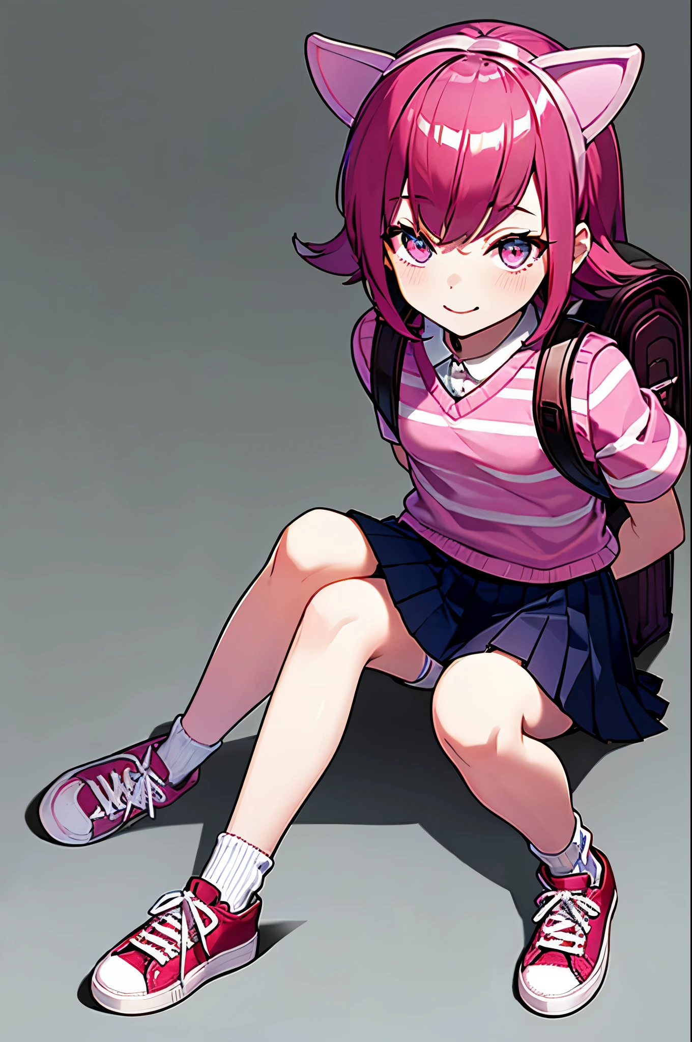 1girl, animal_ears, annie_(league_of_legends), backpack, bad_link, bag, cat_ears, full_body, league_of_legends, loped, photoshop_(medium), pink_eyes, pink_hair, shoes, short_hair, simple_background, skirt, smile, sneakers, socks, solo, striped_clothes, striped_socks, stuffed_animal, stuffed_toy, teddy_bear