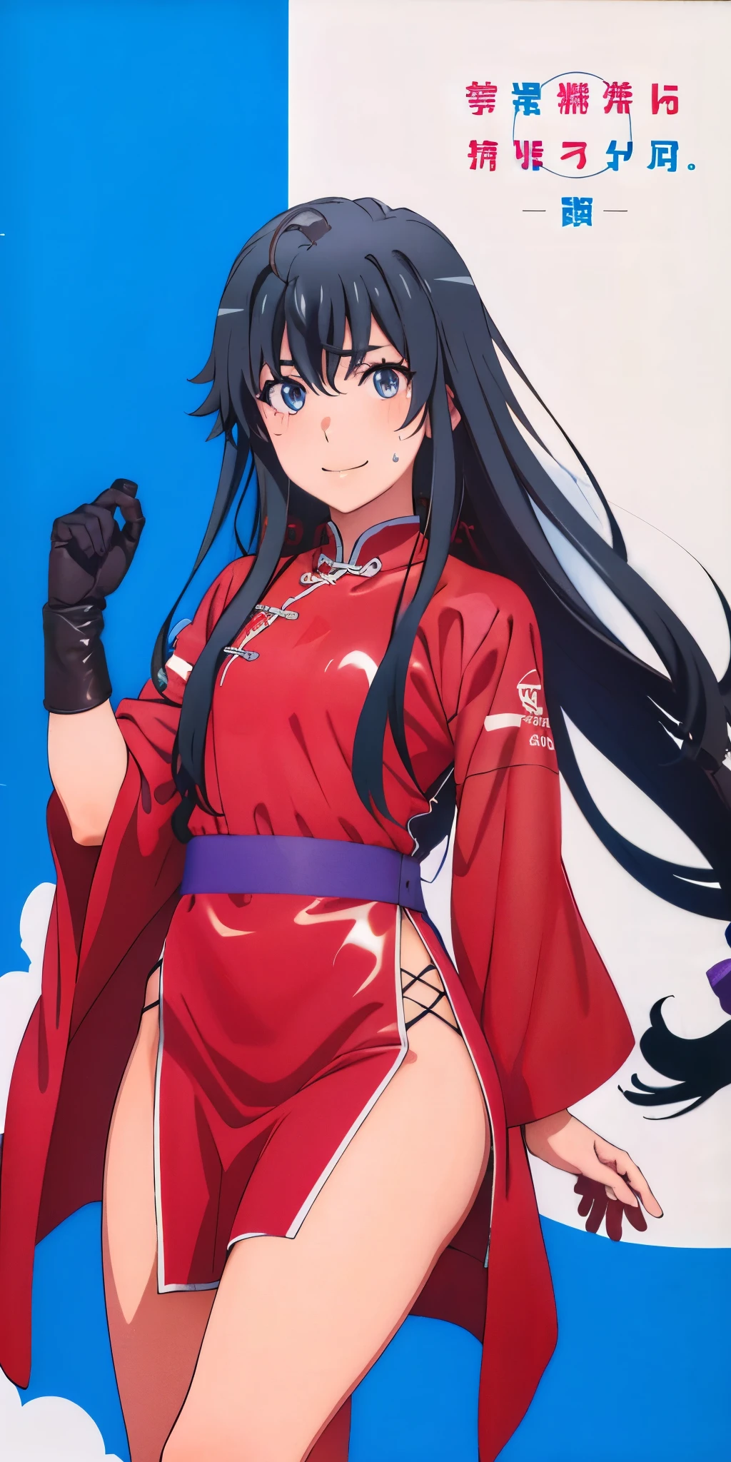 yukinoshita yukino, natomically correct, best quality, masterpiece, high quality, high details, highres, HD, (shaded face:1.2), hollow eyes, purple eyes, looking at viewer, heavy breathing, smirk, upper teeth, black hair, long hair, latex dress, sideless outfit, arm guards, latex thighihighs, fishnets, cross-laced clothes, sweating, wet, a woman is standing in the water, a character portrait, pixiv contest winner, anime portrait of a handsome girl, official fanart behance hd, wearing a grey robe, chinese painting style
