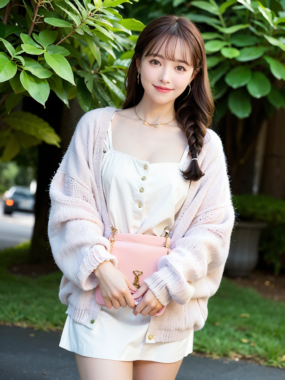 Best quality, long hair bangs curly two side braids loose towards the front, (Brown hair color), 超高分辨率, (Photorealistic:1.4), 1lovelygirl, bit girl, (Young), pink puffy , NSFW, ,(Kpop idol), (aegyo sal:1), Smiling, Cute, full bodyesbian, hands together in front, Background street, Nature, peaceful neighborhood, Sunlight,ta prostitute