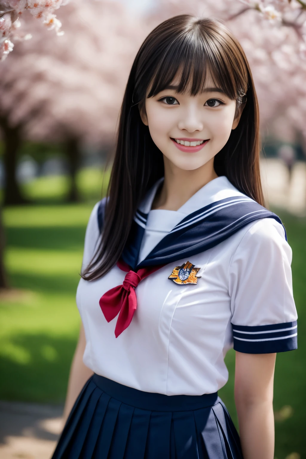 Close up of woman posing for photo,  The most beautiful Japanese model, 16-year-old female model,  4K、bangs、A dark-haired, slightly longer bob hair, Middle hair, Straight hair、(white  shirt, Sailor School Uniform, Dark blue pleated skirt:1.2),　(Super cute face in idol style:1.4), upper body, slim and beautiful figure, sexy, beautiful breast, A smile, The background is a row of cherry blossom trees, (RAW photo, best quality, masterpiece, ultra detailed, ultra high res, realistic), 