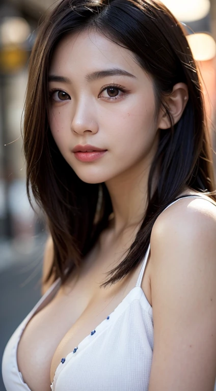 highest quality, face focus, soft light, ultra high resolution, (realistic:1.4), RAW photo, 1 japanese girl, alone, cute smile, (pupil, light in the eyes), detailed beautiful face, (),(High resolution details of human skin texture), (long hair), (portrait) Beautiful with beautiful breasts　sharp:1.2, beautiful woman with perfect figure:1.4, slim abs:1.2, ((layered hairstyles, huge tit:1.3,cleavage:1.2)), (Long shirt with sheer white buttons：1.1），（rain，street：1.2），get wet：1.5，Highly detailed face and skin texture，detailed eye，double eyelid，look sideways at the camera