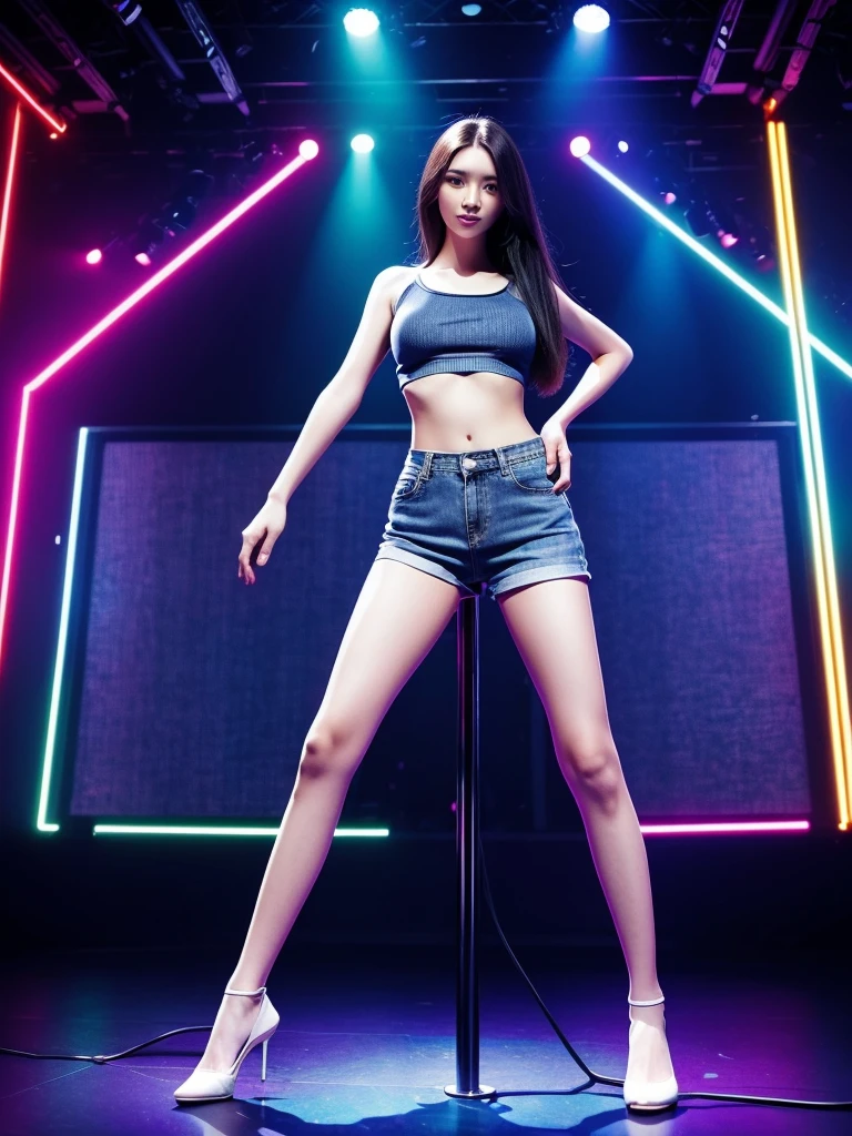 full body, nude body, (Korean female:1.2) bodybuilder in her 30s, 4k, masterpiece, (highres, soft lighting), (absurdres:1.8), deep depth of field, sharp focus, alluring pose on stage, life like skin texture, muscular jaw, long hair with highlights, very round and (small breasts, pubic_hair:1.3), small glutes, Smirk, 70mm, remarkable use of texture form and natural colors, capturing the essence of reality without artificial manipulations, colors are subdued and muted, perfect shaped nipples