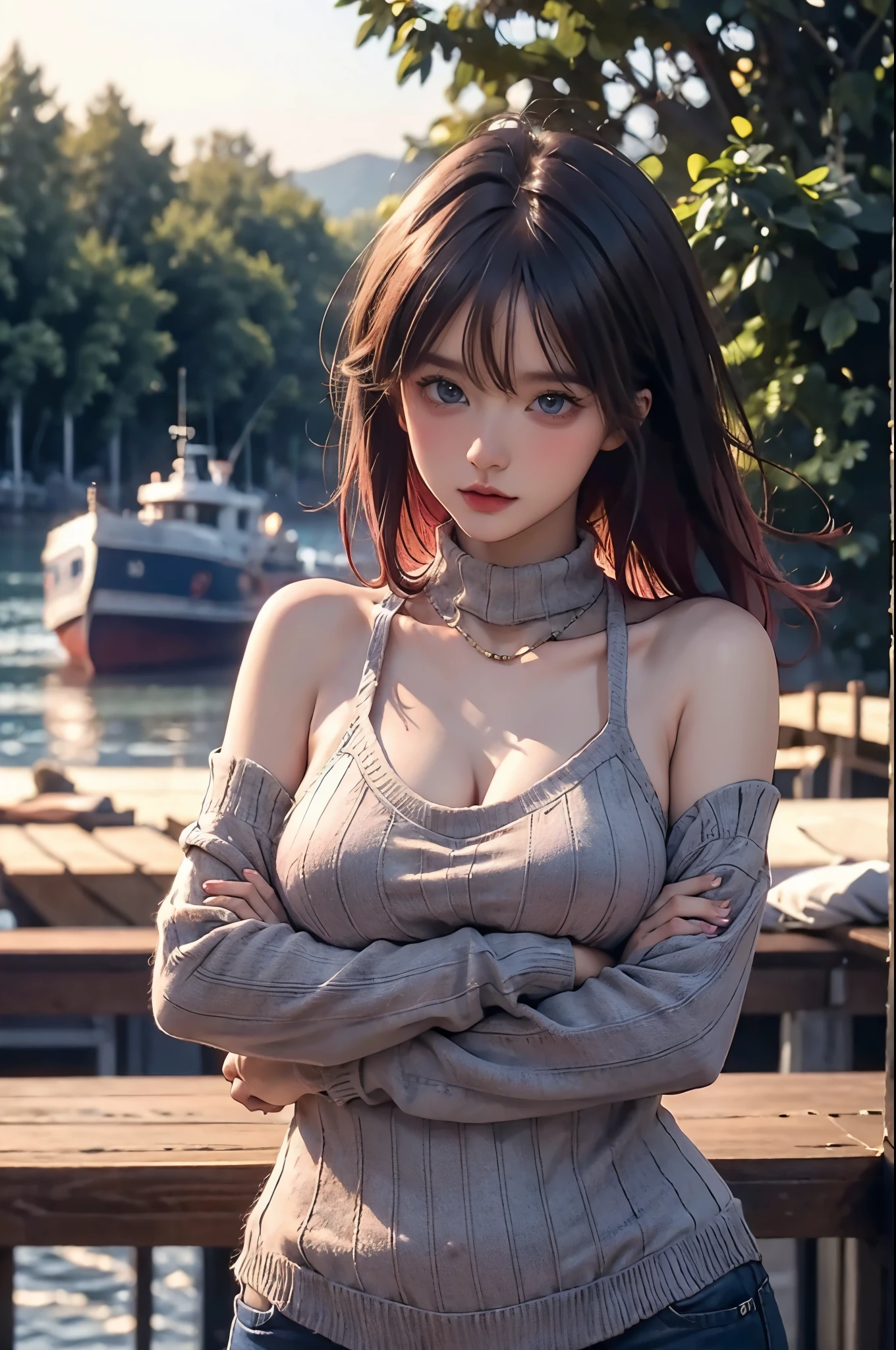 photograph, blur background, sharp, high quality, saturation, contrast, masterpiece, 8k uhd, cheeks, girl, pink hair, short hair, messy hair, floating hair, blue eyes, thick body, normal body weight, huge breasts, curvy hips, full body, dock, ships, sea, during night, at the weekend, covered neck, plaid red sweater, scarf, covered shoulder,looking up