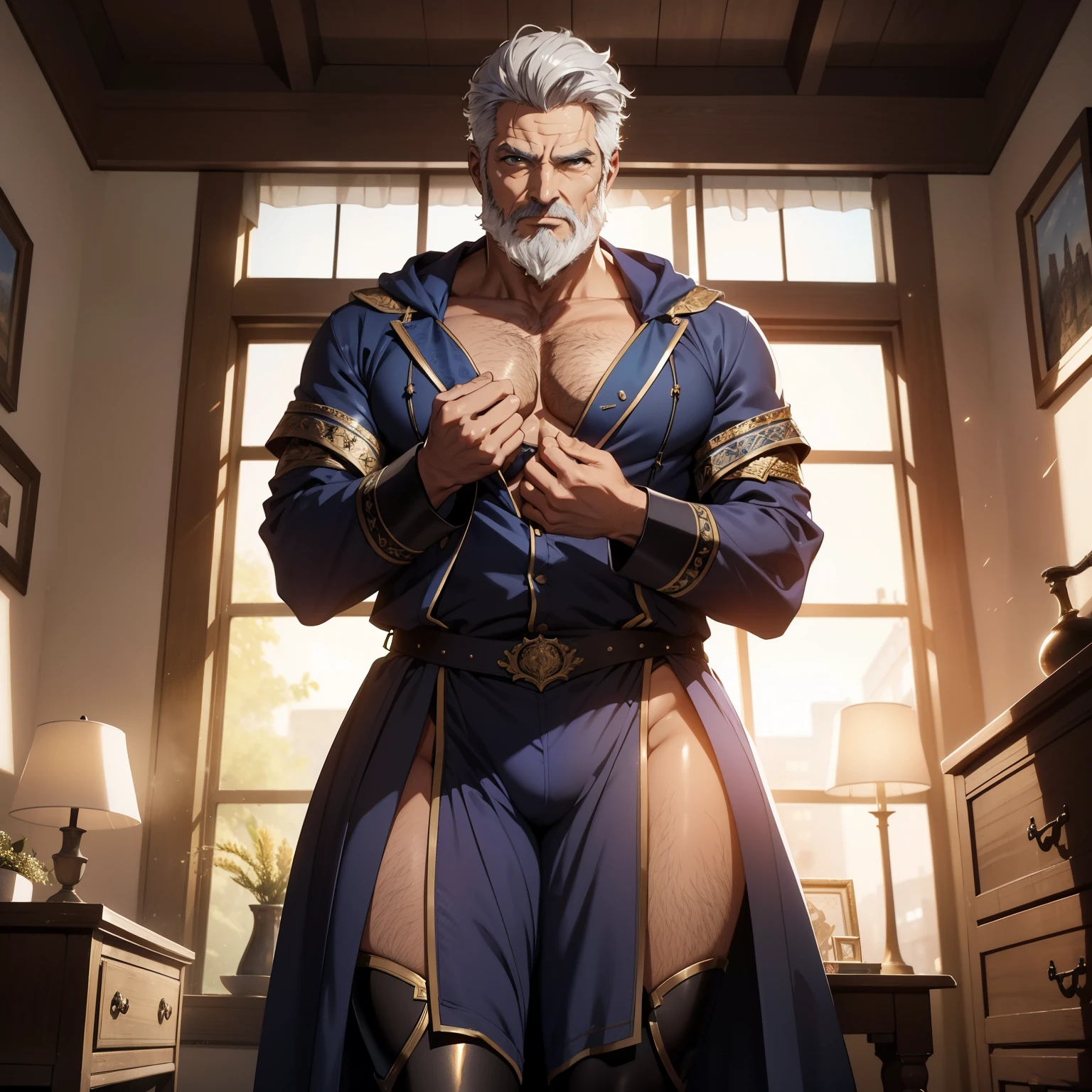 Um rei , pervertido, imponente, 60 years old, olhando para o espectador, pose sexy, va frontal, corpo inteiro, olhos de cor azuis, grey short hair, thick grey beard, he is wearing a very tight blue medieval robe, large pecs, He's in his room, your crotch has a huge bulge, Obra-prima maravilhosa altamente detalhada, beautiful cinematic light deep focus, elegante, pintura digital, liso, sharp focus, golden ratio, dramatic lighting, 8k, pixiv, bara