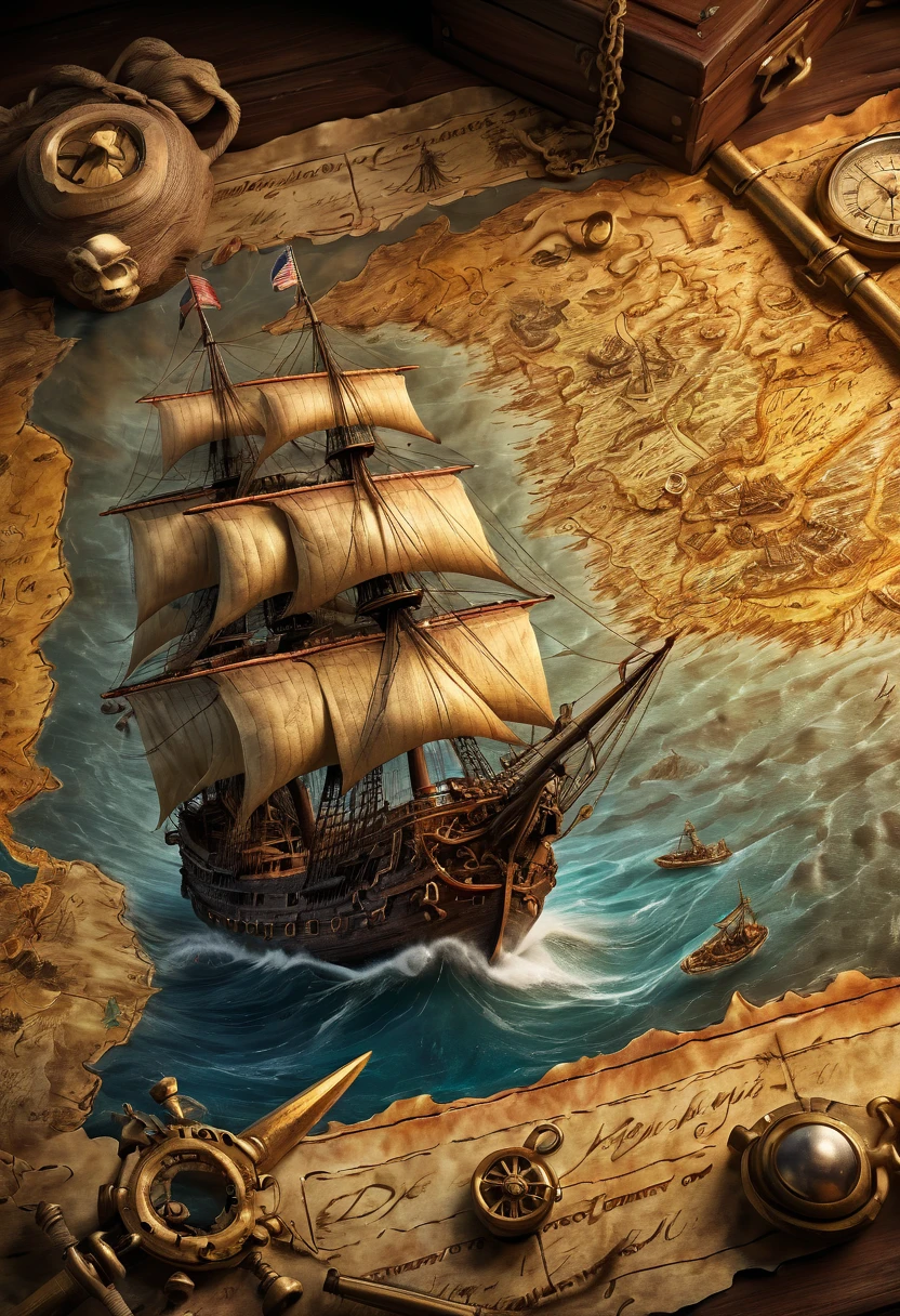 best quality, ultra-detailed, realistic, vivid colors, ancient treasure map, enigmatic secret, elusive figure, notorious pirate, detailed map of uncharted territories, majestic sailing ships, powerful cannons, epic battle on the high seas, hidden treasure chest, intense close-up of the protagonist's determined expression.