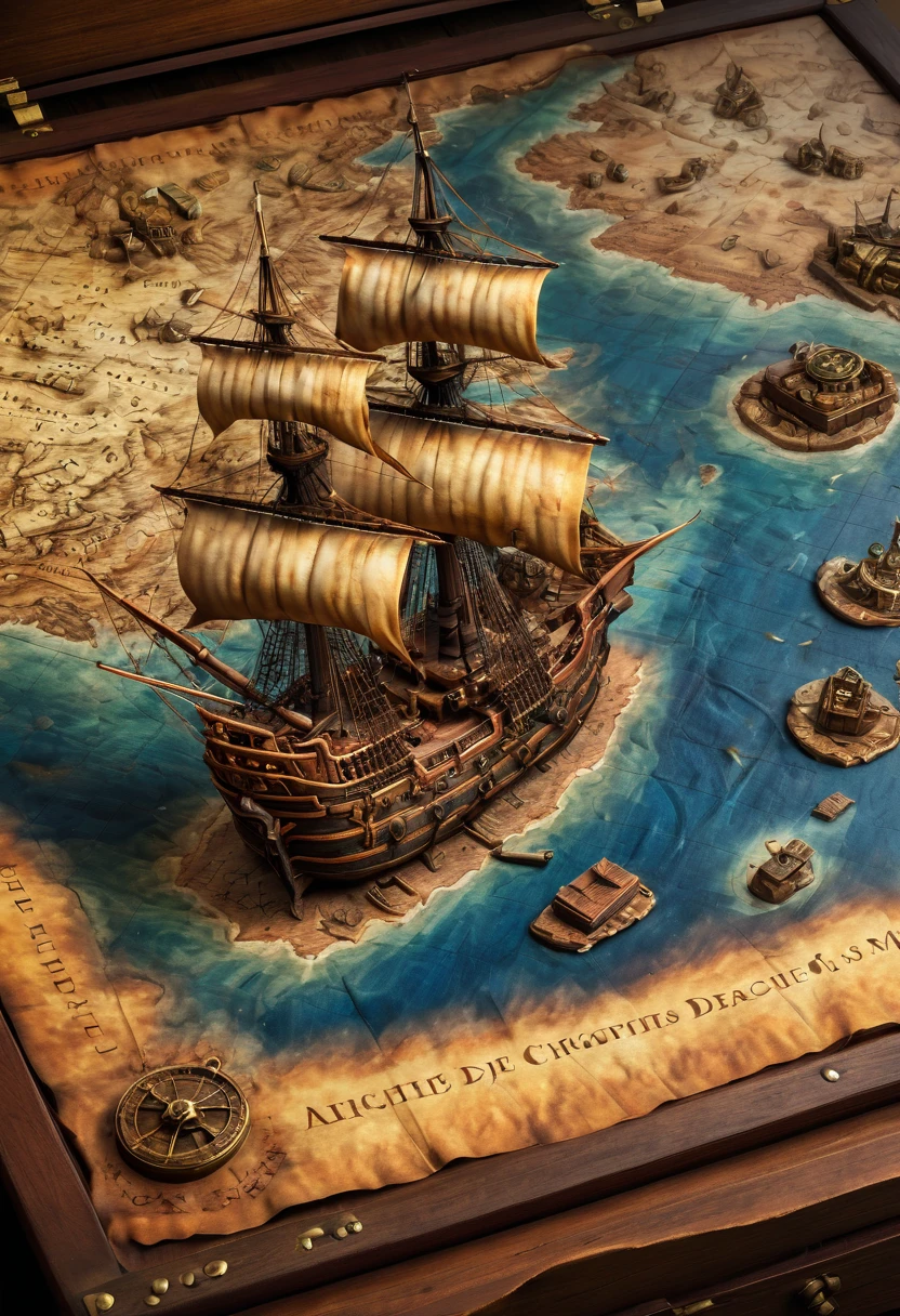 best quality, ultra-detailed, realistic, vivid colors, ancient treasure map, enigmatic secret, elusive figure, notorious pirate, detailed map of uncharted territories, majestic sailing ships, powerful cannons, epic battle on the high seas, hidden treasure chest, intense close-up of the protagonist's determined expression.