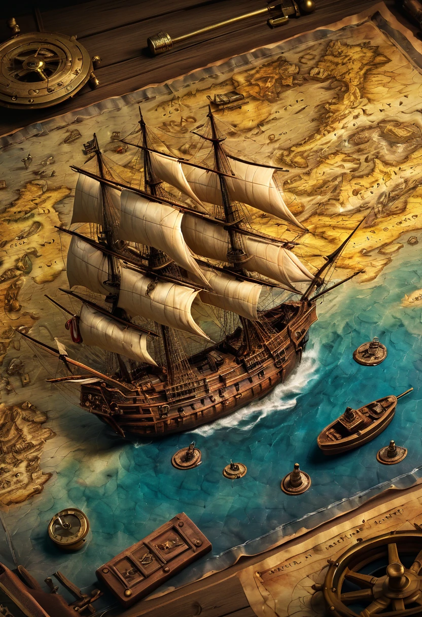 best quality, ultra-detailed, realistic, vivid colors, ancient treasure map, enigmatic secret, elusive figure, notorious pirate, detailed map of uncharted territories, majestic sailing ships, powerful cannons, epic battle on the high seas, hidden treasure chest, intense close-up of the protagonist's determined expression.
