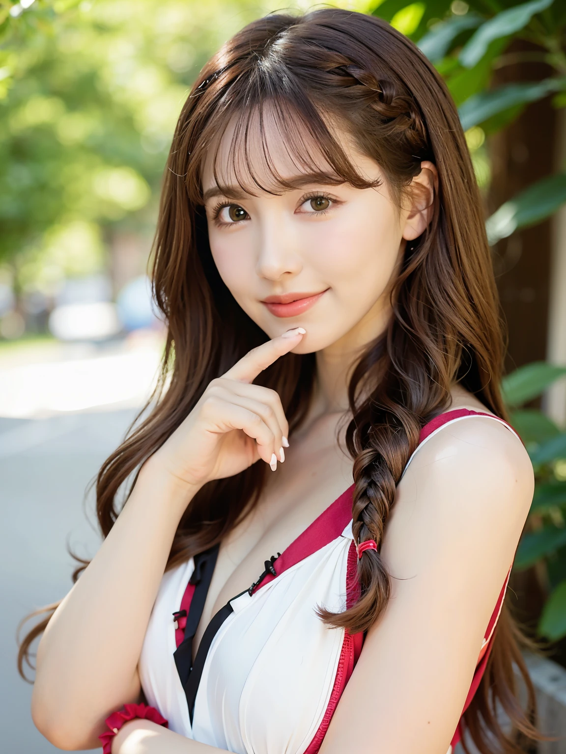 Best quality, long hair bangs curly two side braids loose towards the front, (Brown hair color), 超高分辨率, (Photorealistic:1.4), 1lovelygirl, bit girl, (Young), pink puffy , NSFW, ,(Kpop idol), (aegyo sal:1), Smiling, Cute, full bodyesbian, hands together in front, Background street, Nature, peaceful neighborhood, Sunlight,ta prostitute