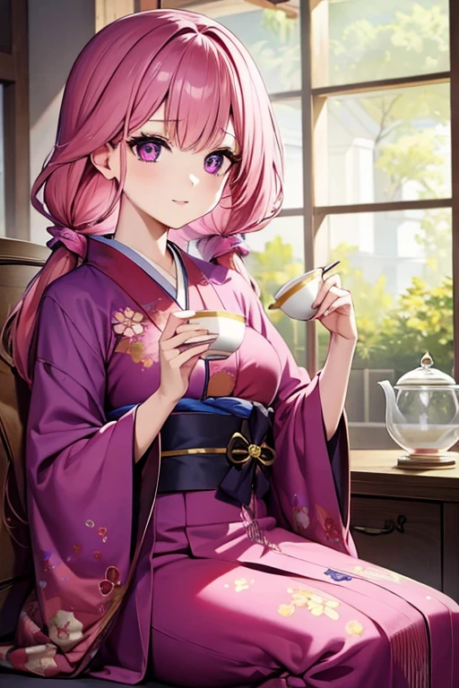 A pink haired woman with violet eyes  with an hourglass is drinking tea in a cute kimono