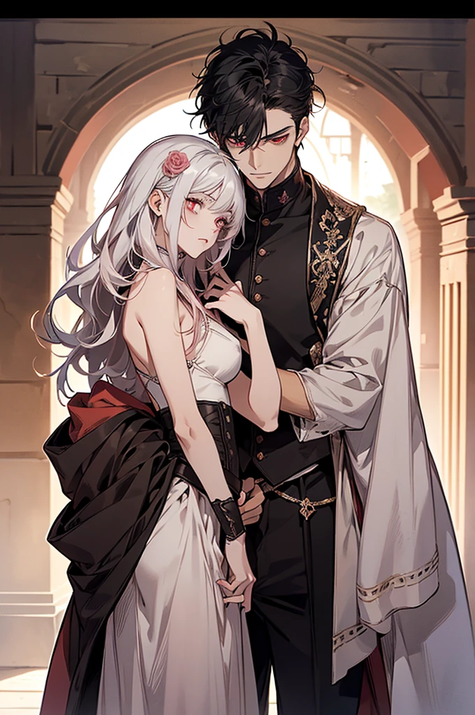 1 couple, 1 male and 1 female, adult, adult face, human, (male: black hair with bangs), (female: white hair), (male: red eyes), (female: rose pink eyes), (female: small breasts), (male: handsome), (female: shy), (male:calm), medieval fantasy