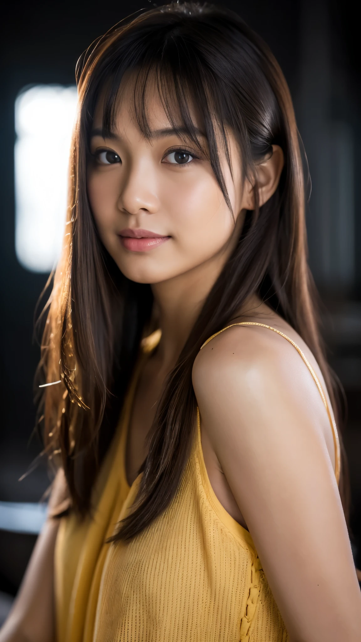 highest quality, epic realistic, ((in the pitch black darkness :1.4)), ((portrait:1.5)),(background: dark ) high contrast ,glorious picture, lowest lux, lighting face, she's comfortable, wearing nothing,  , looks incredible, (8k, Raw photo, Highest quality),(epic realistic:1.5), a woman, face,(detailed eyes:0.8),(looking at the camera:1.4), (Highest quality), ( high contrast, deep shadows),Intricate details,cinematic,((skin:1.4)), (long dark hair:1.3), long hair, messy ,(Hdr:1.5),Detailed, colors, Superior quality, Masterpiece, Raw Photo (20-year-old, looking at viewer), beautiful, (wearing plain yellow shirt,), perfect, natural, perfect composition, portrait, perfect face, smiling expression, Captivating eyes, Bright details, Tight lips, (High Skin Detail),, (blue tint: 0.6), (sale: 0.8), (bloody: 0.7), Key lighting , (backlight: 0.5), Medium depth of field, Canon 5d, 50mm lens, f/4 apertures, (Ultra-detailed, Complex detail), sharp focus, soft colors, 8k, Absurd, 80mm, bokeh background, photography, smiling, pinay, filipina, pink wavy hair, bokeh, nudist, nude, 4k