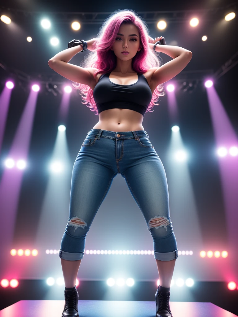 one,wearing hot pants of denim,full-body shot,on stage,Sexy pole dance,nightclub,Colorful lights
