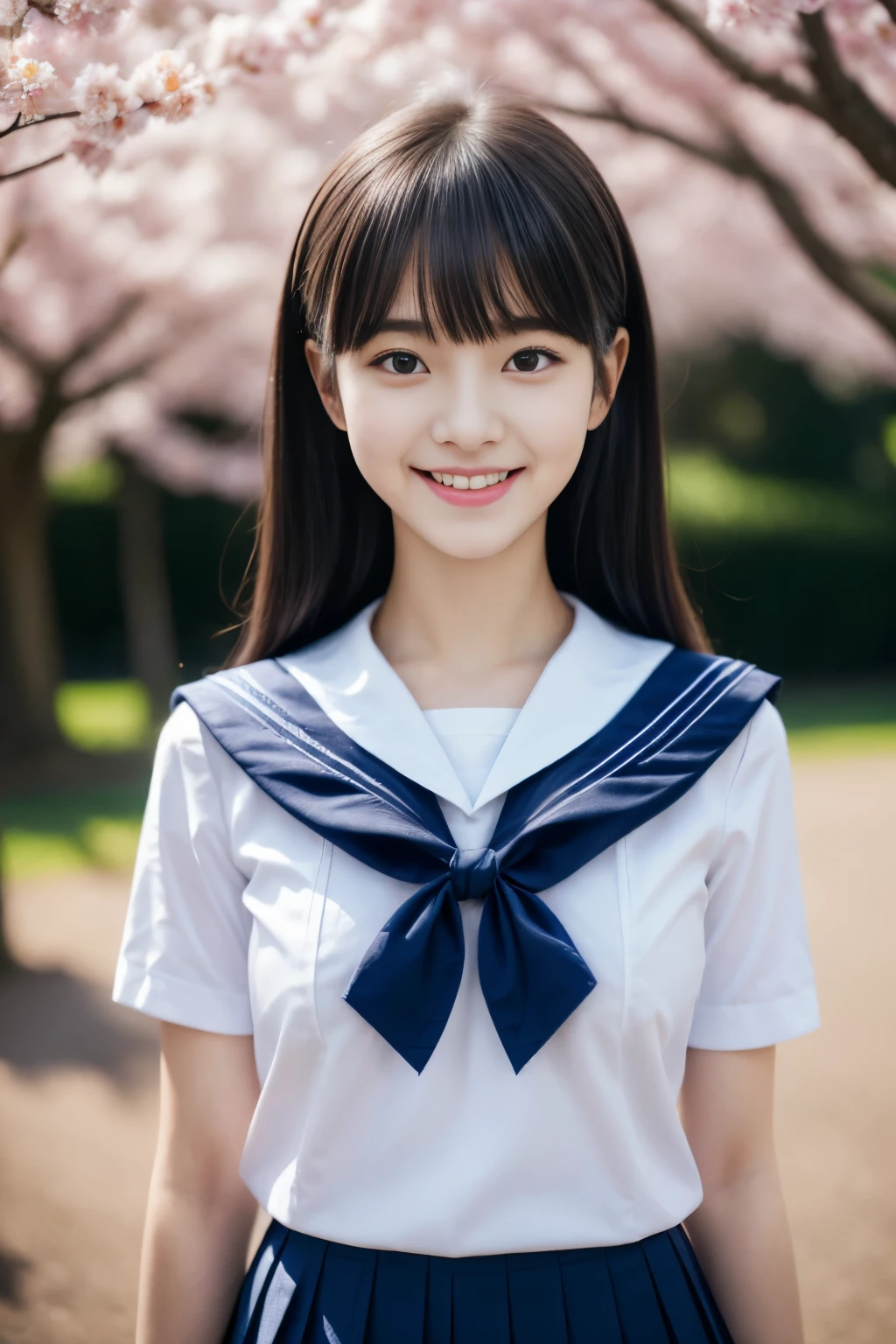 Close up of woman posing for photo, The most beautiful Japanese model, 15-year-old female model, 4K、bangs、A dark-haired, slightly longer bob hair, Middle hair, Straight hair、(white shirt, Sailor School Uniform, Dark blue pleated skirt:1.2), (Super cute face in idol style:1.4), upper body, slim and beautiful figure, sexy, beautiful breast, A smile, The background is a row of cherry blossom trees, (RAW photo, best quality, masterpiece, ultra detailed, ultra high res, realistic),