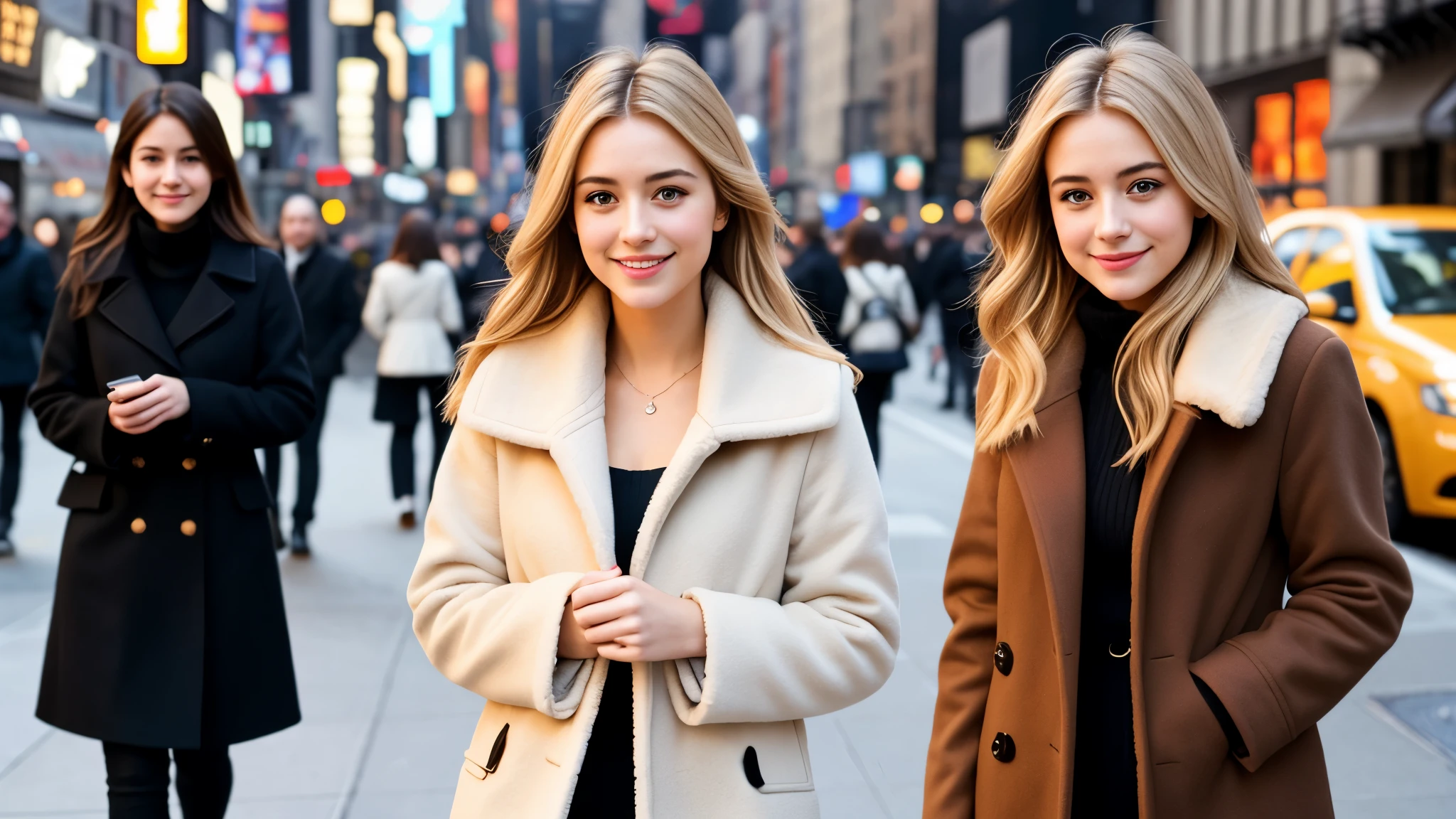 Instagram pictures, 1 French Girl, Shoulder length hair, with light blonde hair, a Close-up photo, coat, Walking in the street of New York City, smiling a little,