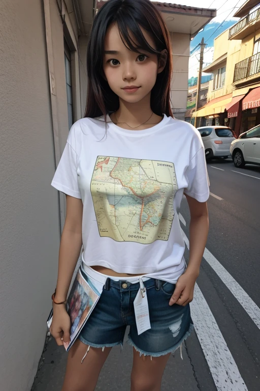 A beautiful girl wearing a T-shirt with a map printed on it is standing on the street.