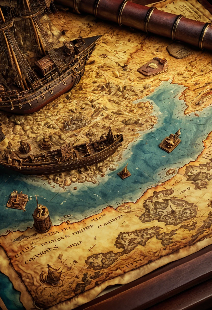 best quality, ultra-detailed, realistic, vivid colors, ancient treasure map, enigmatic secret, elusive figure, notorious pirate, detailed map of uncharted territories, majestic sailing ships, powerful cannons, epic battle on the high seas, hidden treasure chest, intense close-up of the protagonist's determined expression.