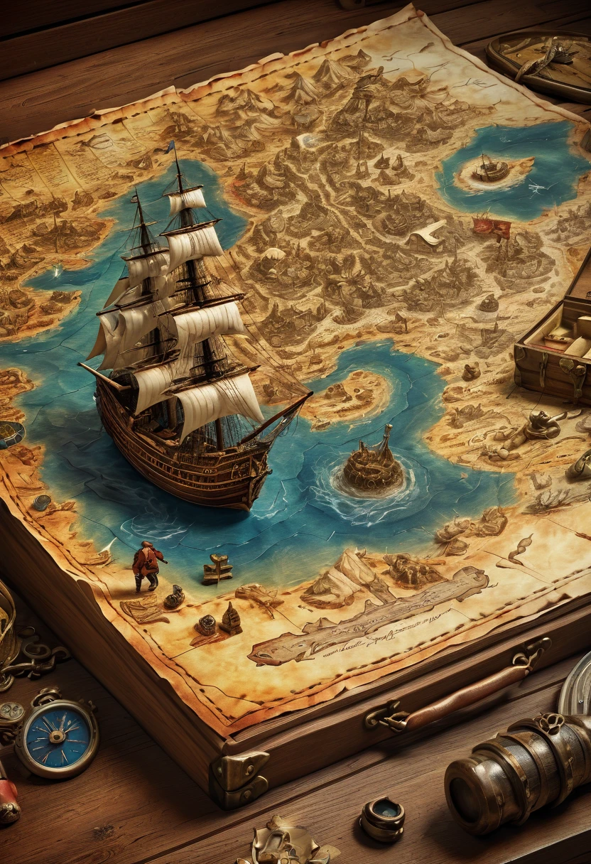 best quality, ultra-detailed, realistic, vivid colors, ancient treasure map, enigmatic secret, elusive figure, notorious pirate, detailed map of uncharted territories, majestic sailing ships, powerful cannons, epic battle on the high seas, hidden treasure chest, intense close-up of the protagonist's determined expression.