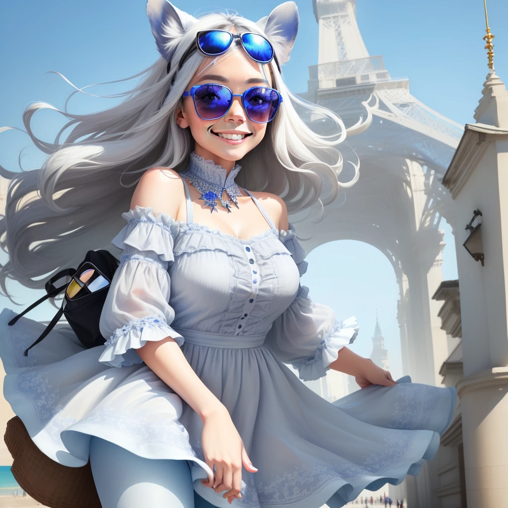 French Bulldog, try blue merle (white、Brown、grey), woman, smile, with sunglasses, surreal, fly away, Pop Color, focus on facial details, coloured background