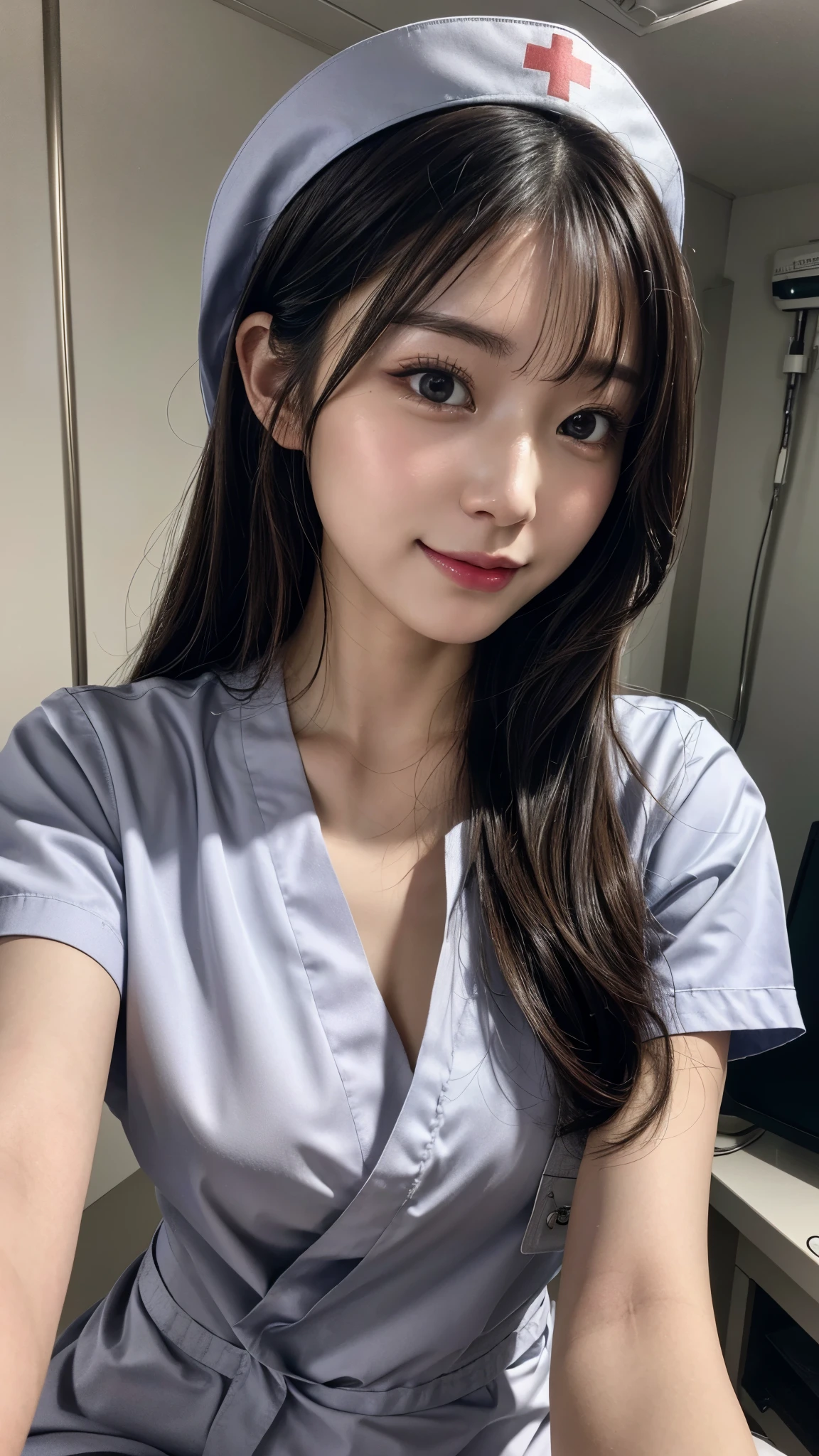 highres, ultra detailed, photorealistic, 1 beautiful Japanese nurse, highly detailed beautiful face, straight hair, medium hair, light smile, nurse uniform,  in the hospital, assisting the patient with meals