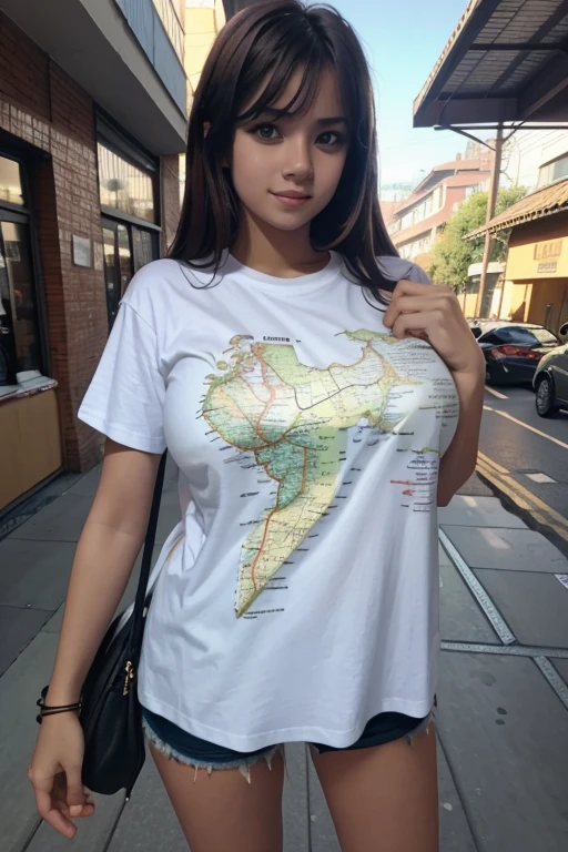 A beautiful girl wearing a T-shirt with a map printed on it is standing on the street.giga_busty