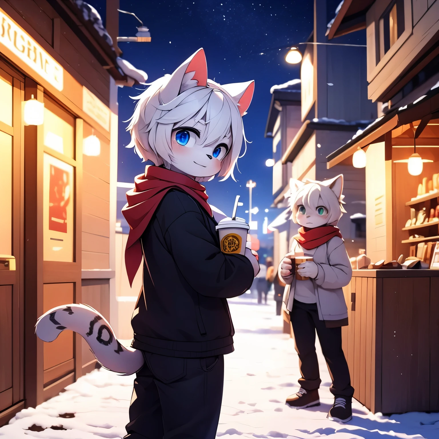 Highest image quality,masterpiece,orc,paw+(five fingers)+White+(White爪尖),break handheld latte+(Single)+Hold+black+(paper cup+hot drink lid)+In the hand,A detailed eye,Normal eyes,white eyebrows,Black ears+(Snow leopard ears)+Round ears+Thick,(Cat's tail)+Snow leopard tail texture+Coarse+in the lower back,(Gray hair),hairy,white hair,Lovely,Handsome teenager,(break red scarf),blue pupils,(night view),white hair,through bangs,Mottled light and shadow,Short hair details,lively+street+crowd,There are God's bright eyes,City,winter background,warmth,2023,(black外套+long sleeves),solo,(new year),(oval face),snowflake,Casual