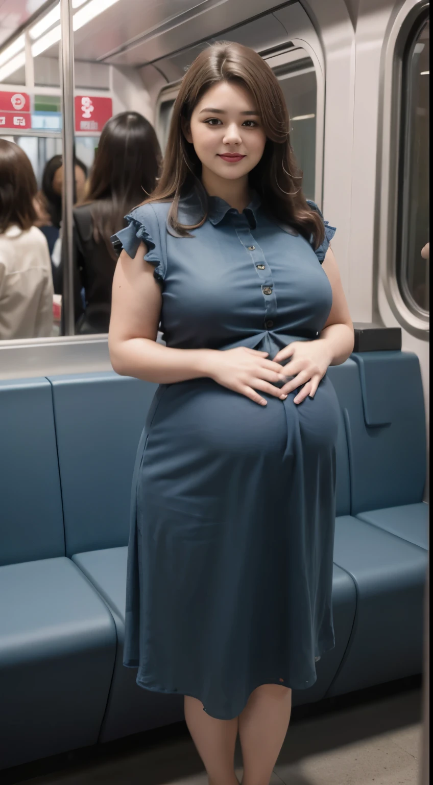 1 woman, selfie, smile, full body, obesity: 1.2, middle-aged woman: 1.3, slightly chubby face: 1.3, beautiful woman: 1.3, (dark brown hair), big breasts, (heavily pregnant), loose dress: 1.3, loose clothes, super detailed face, detailed eyes, double eyelids, blurred background, full fingers, good fingers, on the train,