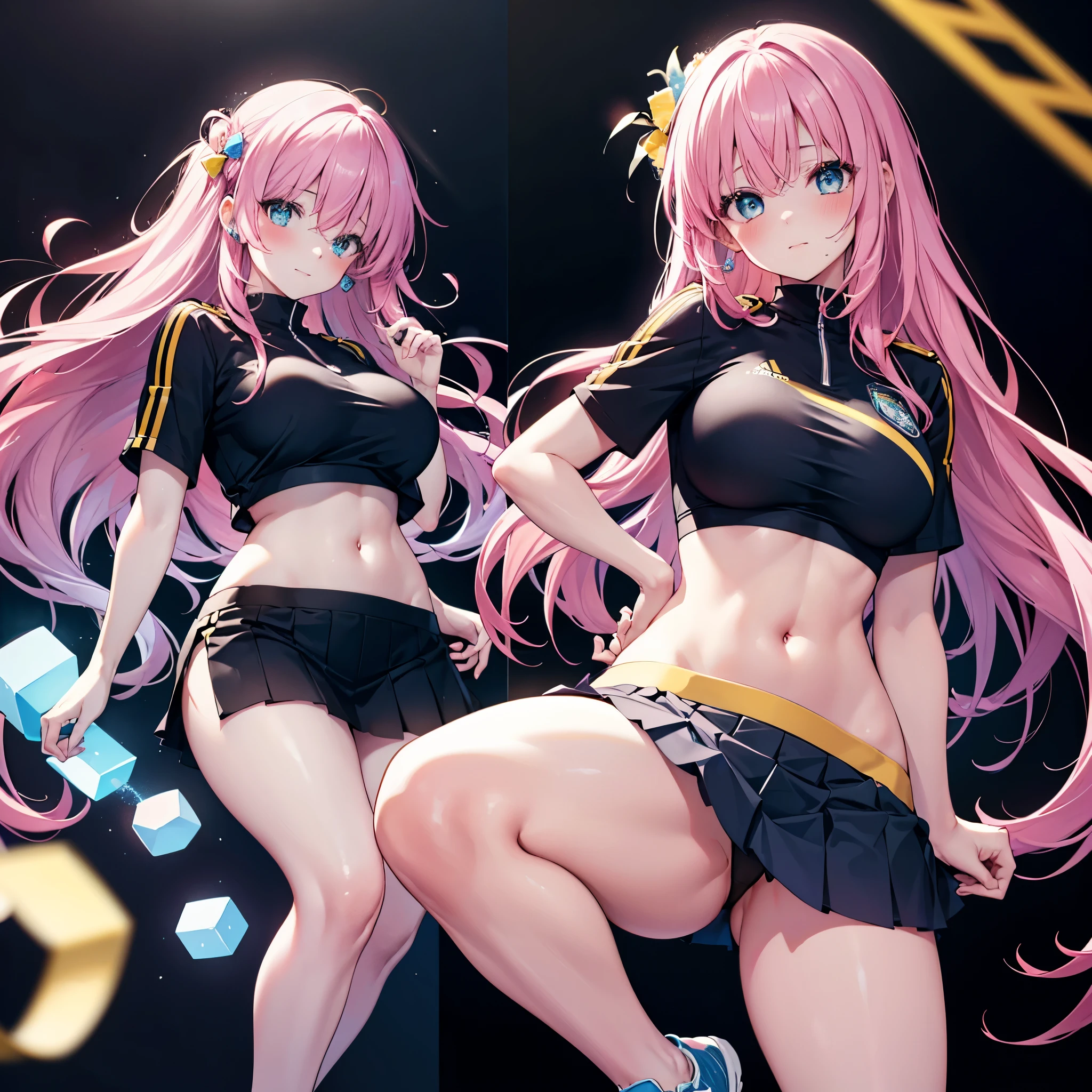 realistic image, coherent image, detailed image, 1 girl, long hair, pink hair, wearing hair accessories with blue and yellow cubes on the right side, light blue eyes, delicate oval face, blushing, wearing a crop top, pleated miniskirt, sports shoes, big breasts, curvy body, thick thighs, shy pose, black background, uniform bottom,