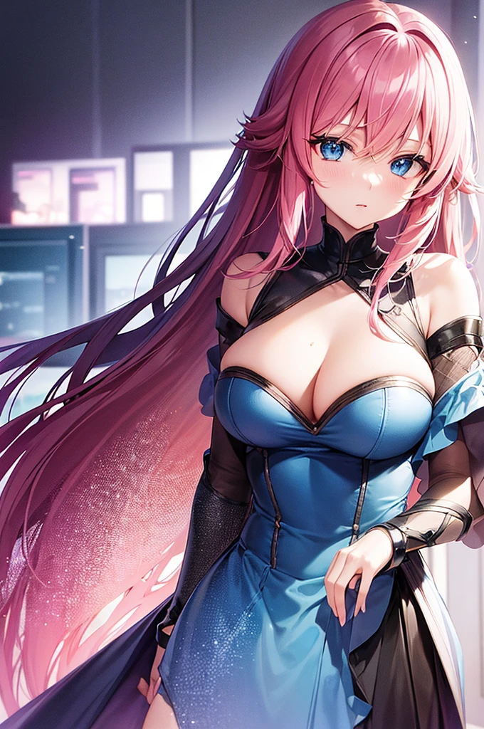 Create a character who will be the main character of a manga. Her striking details are blue eyes and pink hair.