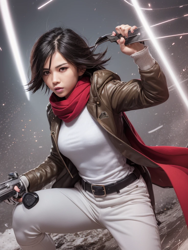 masterpiece, best quality, highres, hmmikasa, short hair, black eyes, scarf, emblem, belt, thigh strap, red scarf, white pants, brown jacket, long sleeves, holding weapon, sword, dual wielding, three-dimensional maneuver gear, fighting stance, sky, highest quality, high resolution.