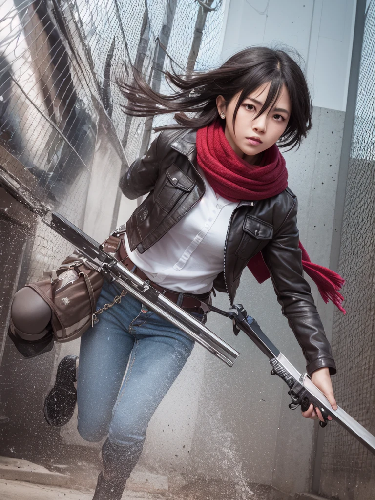 masterpiece, best quality, highres, hmmikasa, short hair, black eyes, scarf, emblem, belt, thigh strap, red scarf, white pants, brown jacket, long sleeves, holding weapon, sword, dual wielding, three-dimensional maneuver gear, fighting stance, sky, highest quality, high resolution.