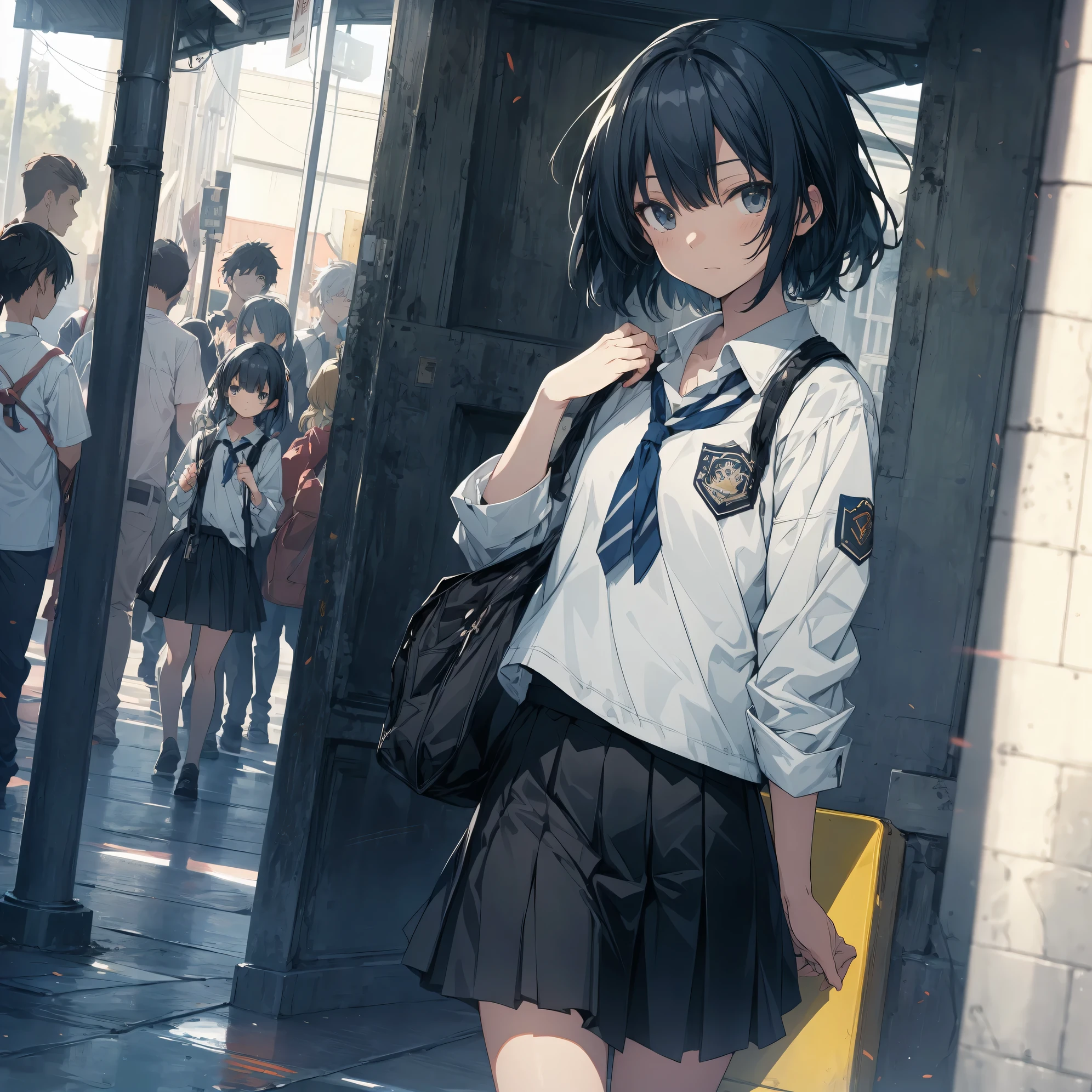 Super high quality by the art god, super detailed, High resolution,Shinkai Makoto style, anime moe art style, best anime 8K konachan wallpaper, pixiv contest winner, perfect anatomy, break,(眠そうにalone学校へ行く女の子を描いてください. ),break, surreal high school girl, (alone,lolita, , 13 years old:1.3),All limbs, full finger,, androgynous charm, (very short hair), messy hair, flat chest, , small ass, between legs, Small black eyes,beautiful and fine eyes, Well-proportioned iris and pupils, disgusted eyes, High resolutionの詳細な髪, wearing school uniform, (skirt), On the way to school. break,super dense skin, Best lighting by famous artists, 8K, figure,story.