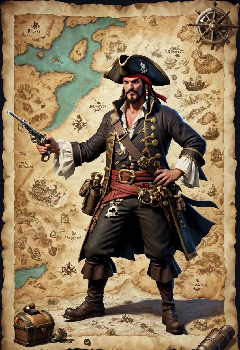 A pirate in his loot with a map, elements that mention a map, a mystery, a mysterious character, a despicable pirate, a map, a treasure, ships, cannons, epic, battle, map and treasure,