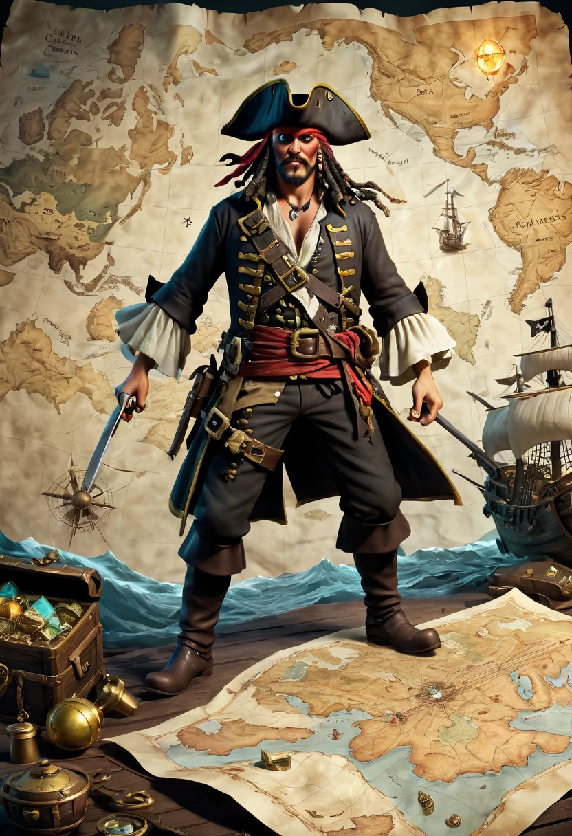 A pirate in his loot with a map, elements that mention a map, a mystery, a mysterious character, a despicable pirate, a map, a treasure, ships, cannons, epic, battle, map and treasure,