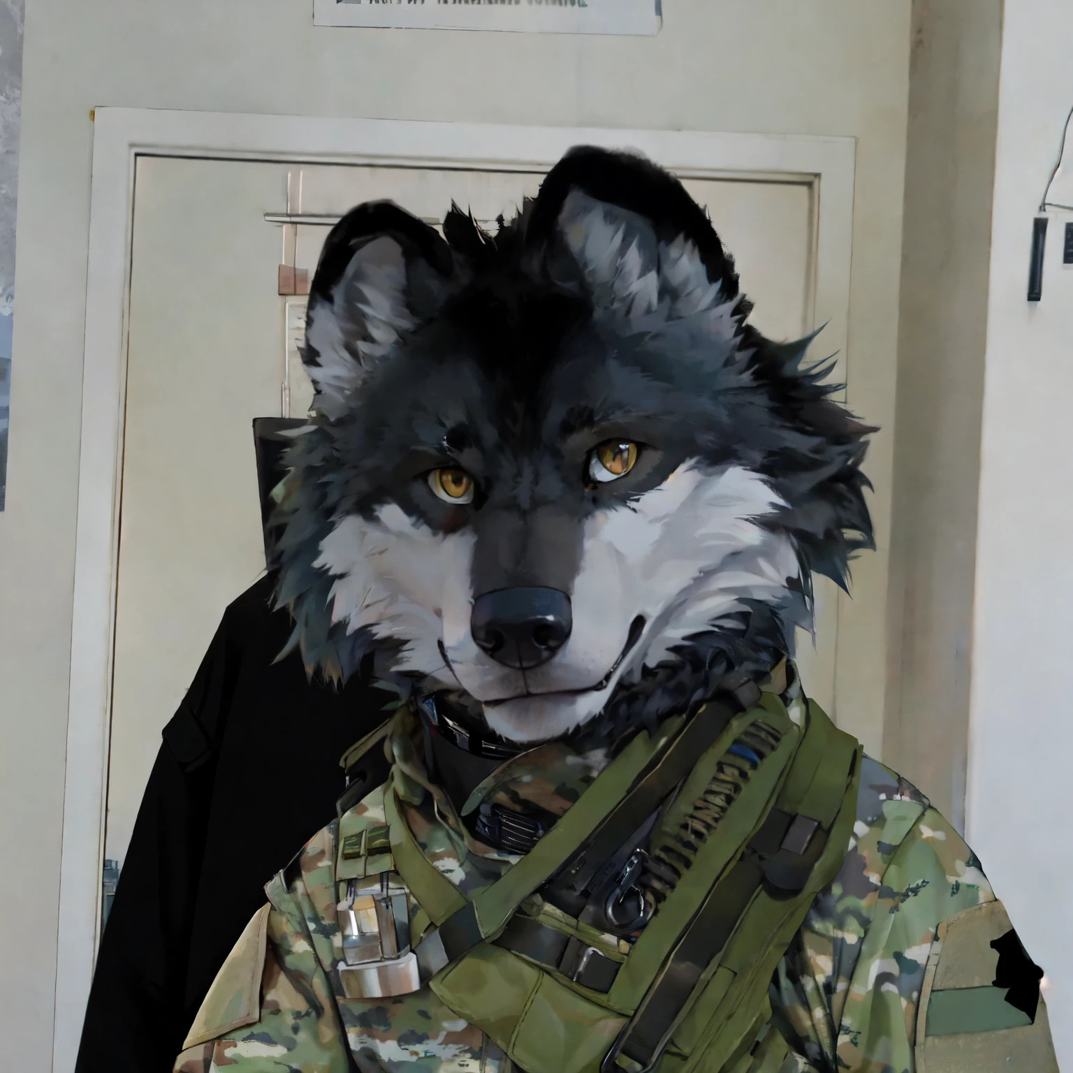 dressed in military gear, anthro wolf face, furry wolf, correct wolf muzzle, wolf fursona, an anthro wolf, background blur