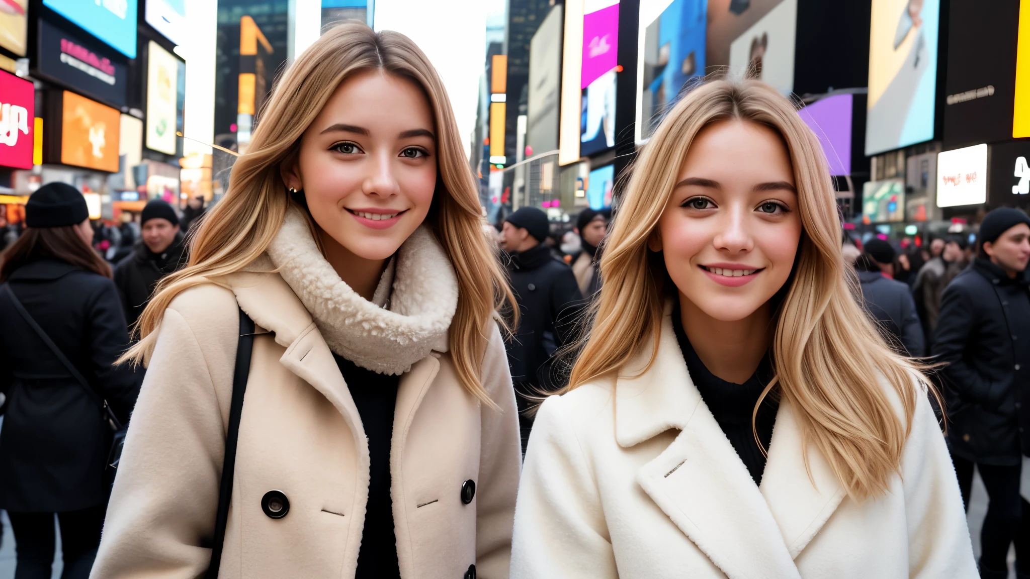Instagram pictures, a French Girl, Shoulder length hair, with light blonde hair, a Close-up photo, coat, Walking in Times Square New York City, smiling a little,