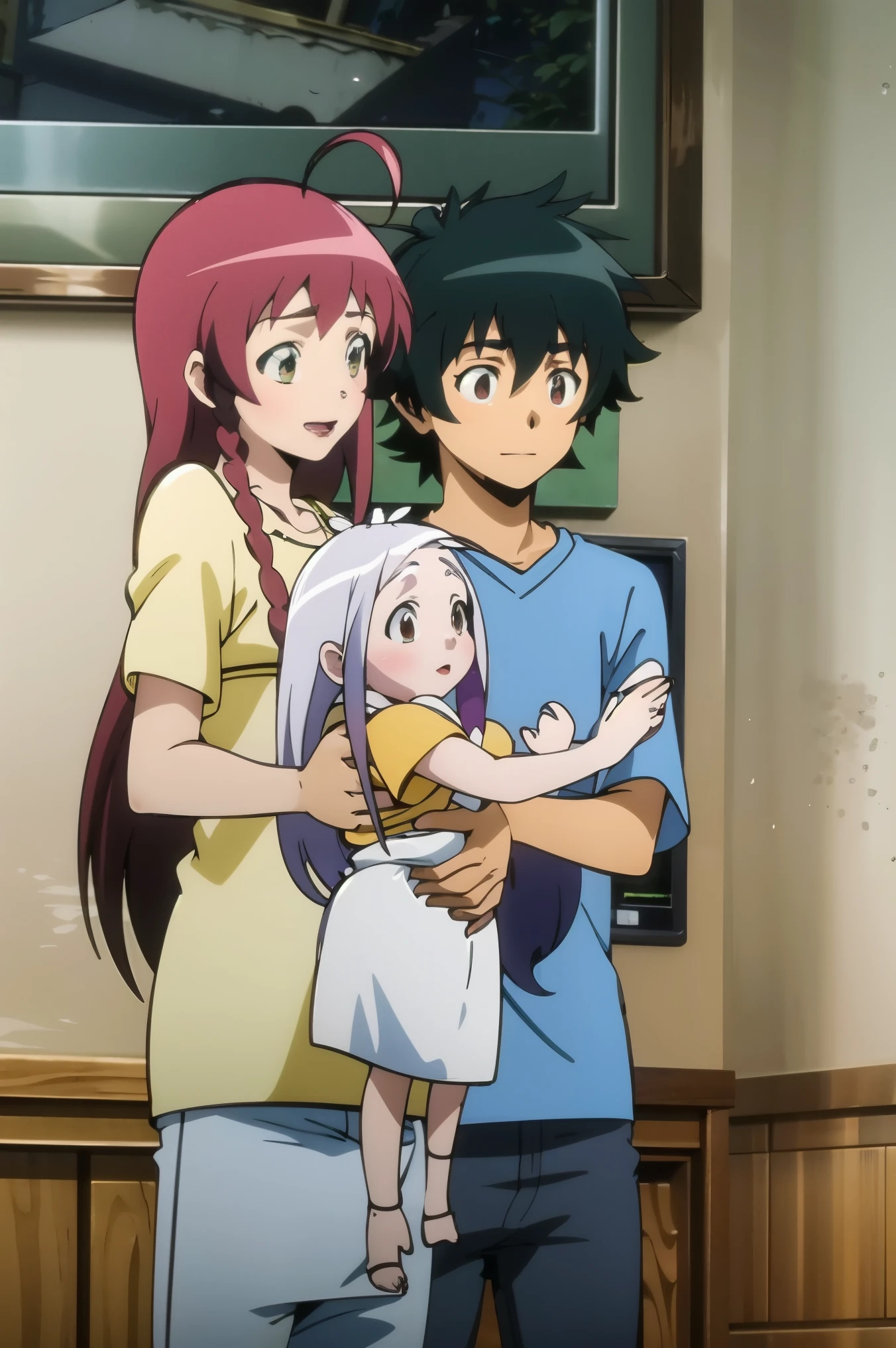 1 girl. 1 boy, yusa emi, maou sadao, alas ramus,daughter, family, hug, happy, grup,