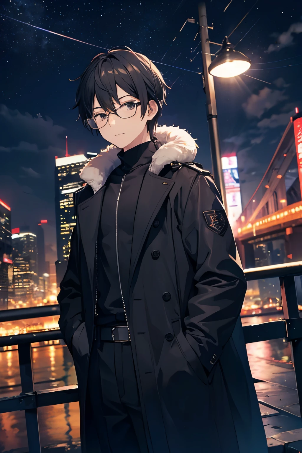 Jimmy, boy, glasses,black coat, anime, city, night, Side stance