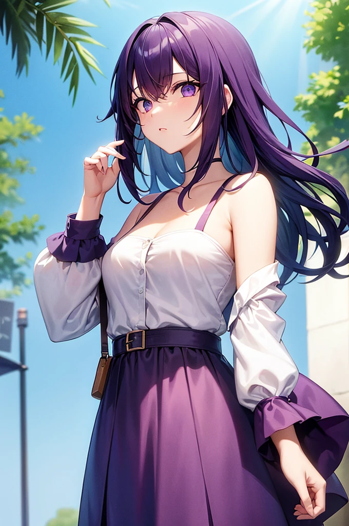 Now create a girl whose eyes and hair are both purple. Seu cabelo deve estar preso