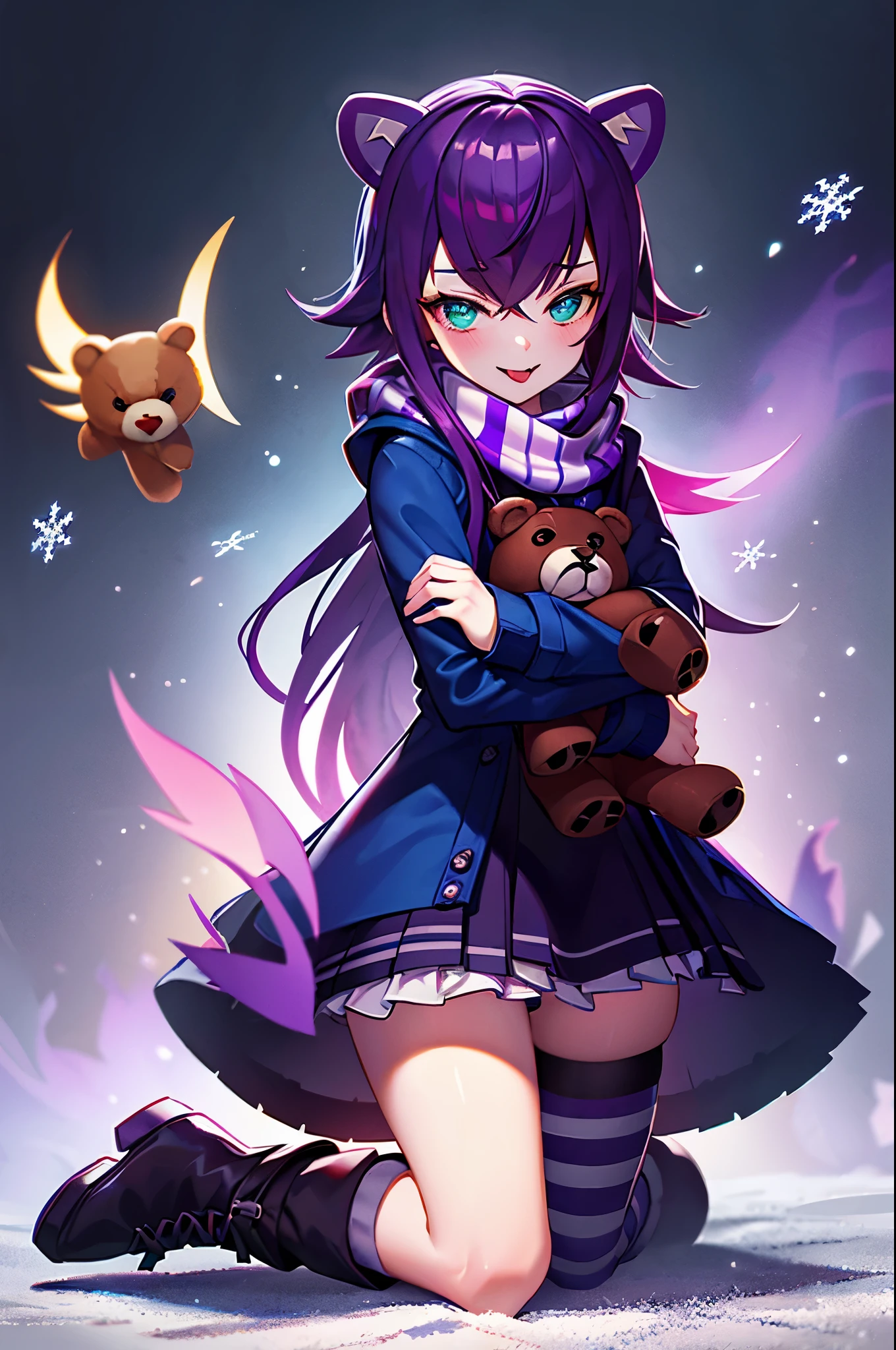 1girl, :p, alternate_costume, annie_(league_of_legends), aqua_eyes, boots, character_name, , coat, coat_dress, commentary_request, diagonal_stripes, english_text, from_side, frostfire_annie, fur_trim, gradient, hood, hug, joypyonn, league_of_legends, long_sleeves, looking_at_viewer, photoshop_(medium), purple_hair, ribbon, scarf, sidelocks, snowflakes, sparkle, stitches, striped, striped_background, stuffed_animal, stuffed_toy, teddy_bear, tibbers, tongue, tongue_out, vertical_stripes, winter_clothes, winter_coat