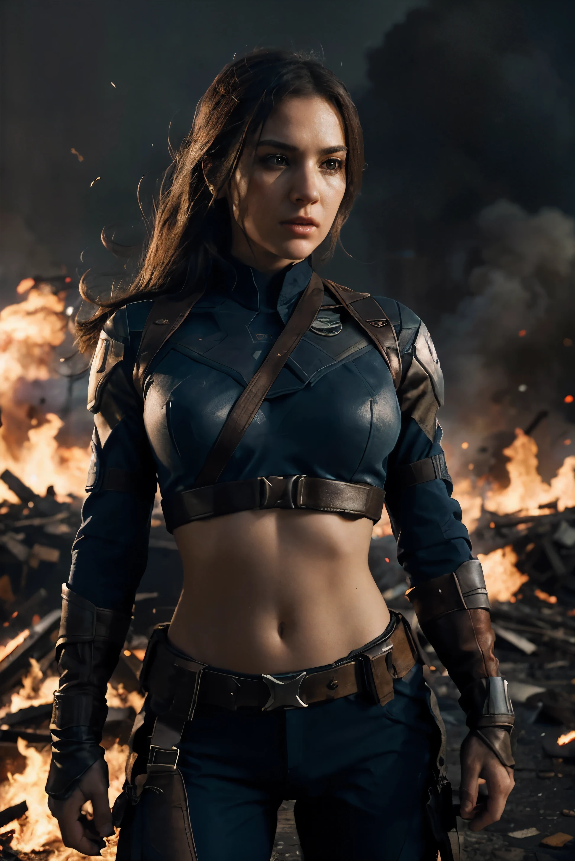 Create an image with advanced image quality and resolution, featuring super detailed depiction of a woman wearing a Captain America-inspired outfit. Position her at the center of the composition, with a war-torn backdrop engulfed in flames. Ensure the portrayal of the intricacies of the costume, capturing textures and unique features. The fiery war scene should be realistically rendered, incorporating elements such as smoke, debris, and dramatic lighting effects. This image is intended to convey a powerful and visually engaging scene, combining the strength of the female Captain America attire with the urgency and chaos of the war setting.