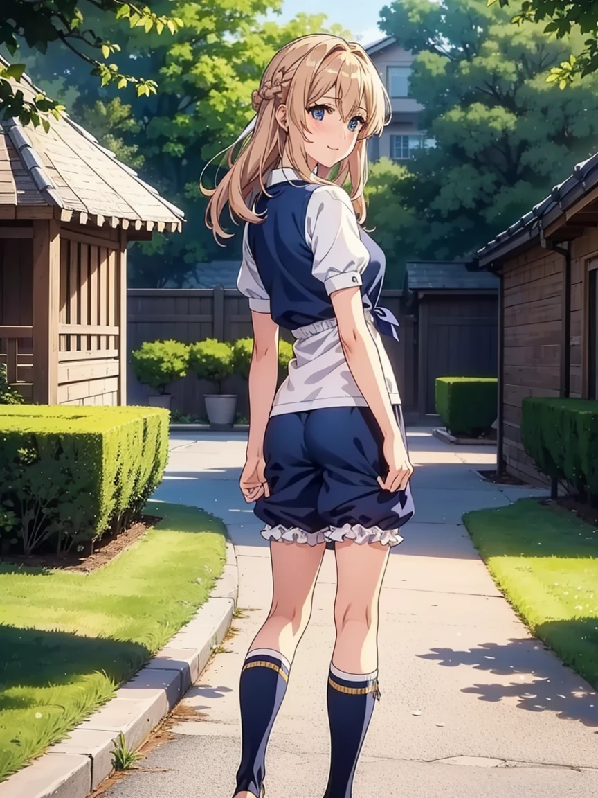 Masterpiece, Best Quality, AiHayasaka V4, Female 1, Solo, Breasts, Viewer's Gaze, Blush, Blue Eyes, Blonde, Simple Background, Shirt, Hair Ornament, White Back, Hair Between Eyes, School Uniform, White Shirt, Nail Polish, Beautiful Hands, Landscape Ponytail, V, Scrunchie, Hair Scrunchie, Blue Nails, Clothes Wrapped Around the Waist, Blue Scrunchie, Shuchiin Gakuen Uniform
