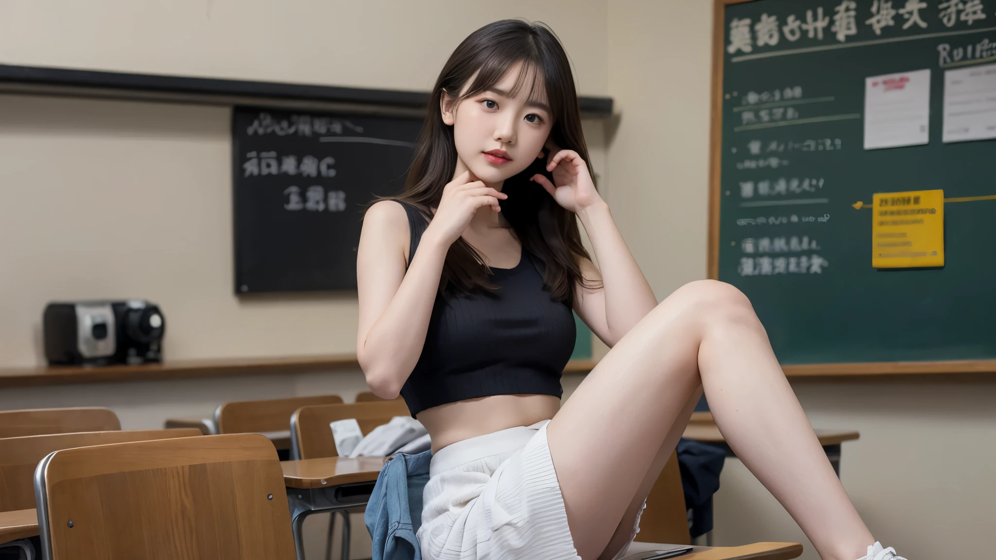 A captivating and intimate photograph of a young Korean woman, effortlessly showcasing her unique style and curves in a school setting. Seated cross-legged beside blue lockers, she exudes confidence in her light red thin-strapped tank top, mini gray skirt, and open white shirt, which reveals the V-neck of her tank top. Her large round glasses and straight medium hair with bangs tied into two small ponytails at the back of her head add to her allure. Her subtle, inviting smile is the focal point of the image, beautifully captured by the camera's perspective, which illuminates her from the front. The background of scattered desks and papers further enhances the intimate atmosphere of this enchanting scene.