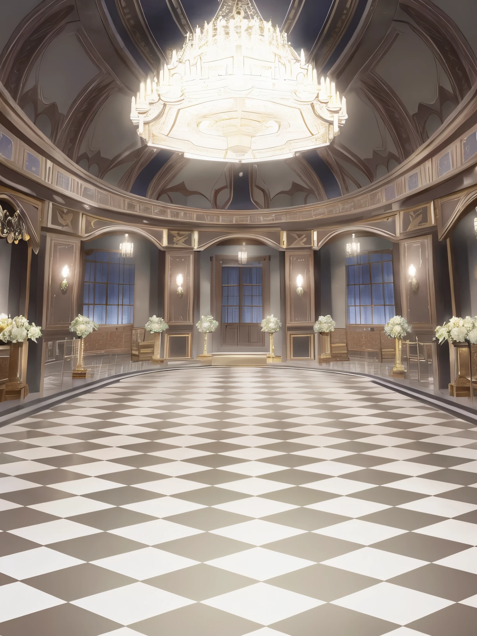 There is a big room,There are chandeliers and checkered floors, ballroom background, palace background, golden banquet hall background, palatial scene, marble room, hall, hall, in a hall, interior background art, Stunning mystery background, exquisitely designed throne room, 黑暗雄伟华丽的hall, anime background art, decadent throne room