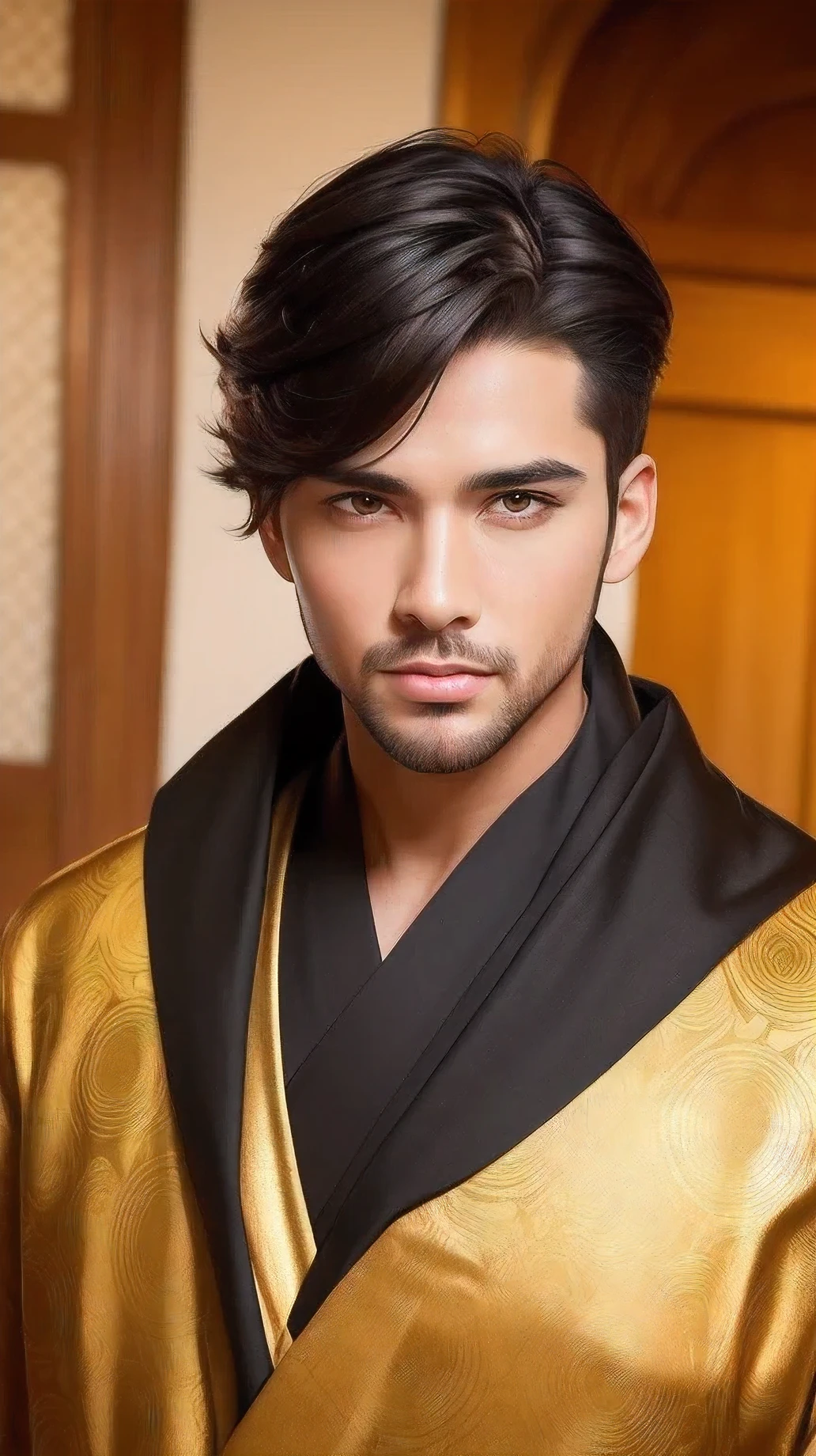 muste piece, best quality, High resolution, photoreaslistic, detailed face, 1 male,Front-facing, ((front viewing)), ((frontal face)), ((face view)), ((front view)), ((body front)), ((frontal body)), upper body whole body, black hair, Handsome guy, shining background, Golden kimono
