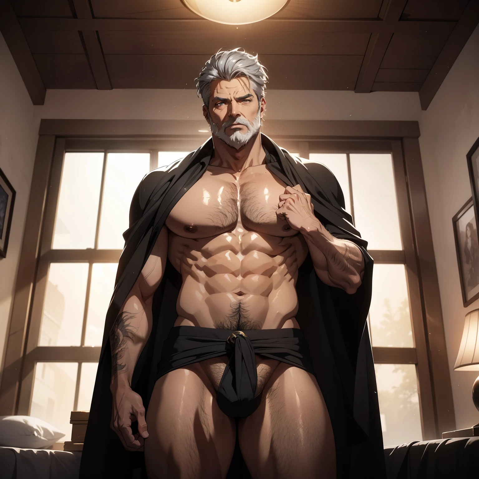 Um rei lascivo, pervertido, imponente, 60 years old, olhando para o espectador, pose sexy, vista frontal, corpo inteiro, olhos de cor azuis, grey short hair, thick grey beard, he is wearing a very tight black medieval robe, large pecs, He's in his room, sentando na cama, your crotch is exposed, huge bulge in the groin, Obra-prima maravilhosa altamente detalhada, beautiful cinematic light deep focus, elegante, pintura digital, liso, sharp focus, golden ratio, dramatic lighting, 8k, pixiv, bara