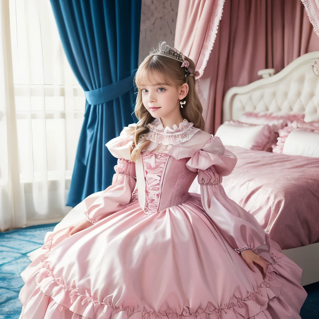 highest quality, masterpiece, highest resolution, artwork, super それにget used to it, many get used to it, get used to it, それにget used to it,(Young face),(Cute small face),(cute girl),(),((white skins)),((blond hair)),((blue eyes)),the girl is a princess,((girly dark pink satin fabric)), ((A Victorian ballgown princess dress with plenty of pink ruffles and bows and a voluminous full-length hoop skirt.)),long sleeve,long dress,A dress with lots of frills and ribbons..,luxury, ((Palace bedroom)), ((Huge luxury victorian canopy king size pink bed)), lots of frilly pillows,ruffle bed skirt,sitting on the bed,super high quality beautiful girl,high quality dress,high quality bed,Super detailed background, detailed arm,detailed fingers,(unity 8K wallpaper)