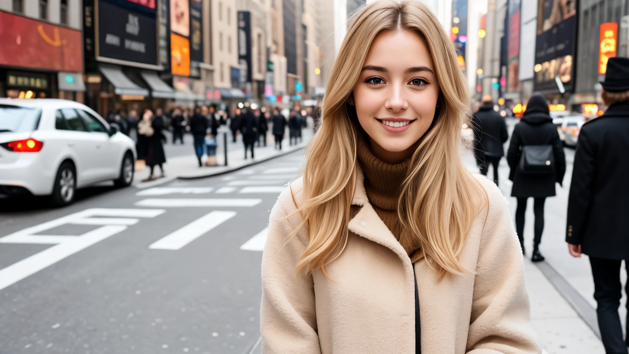 Instagram pictures, 1 French Girl, Shoulder length hair, with light blonde hair, a Close-up photo, coat, Walking in the street of New York City, smiling a little,