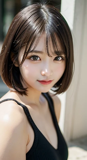 table top, highest quality, shape, Super detailed, finely, High resolution, 8k wallpaper, 完璧なダイナミックな構shape, beautiful and detailed eyes, Women' fashion,very short hair,natural color lip, bold sexy pose,smile,Omotesando、20 year old girl、cute、sexy shot looking at camera、Random attire、random sexy pose